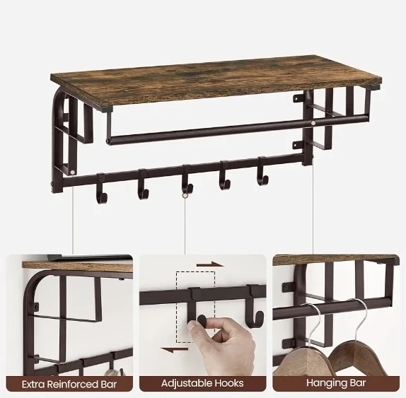 Wall Mounted Shelf with Hooks and Hanging Bar - photo 4