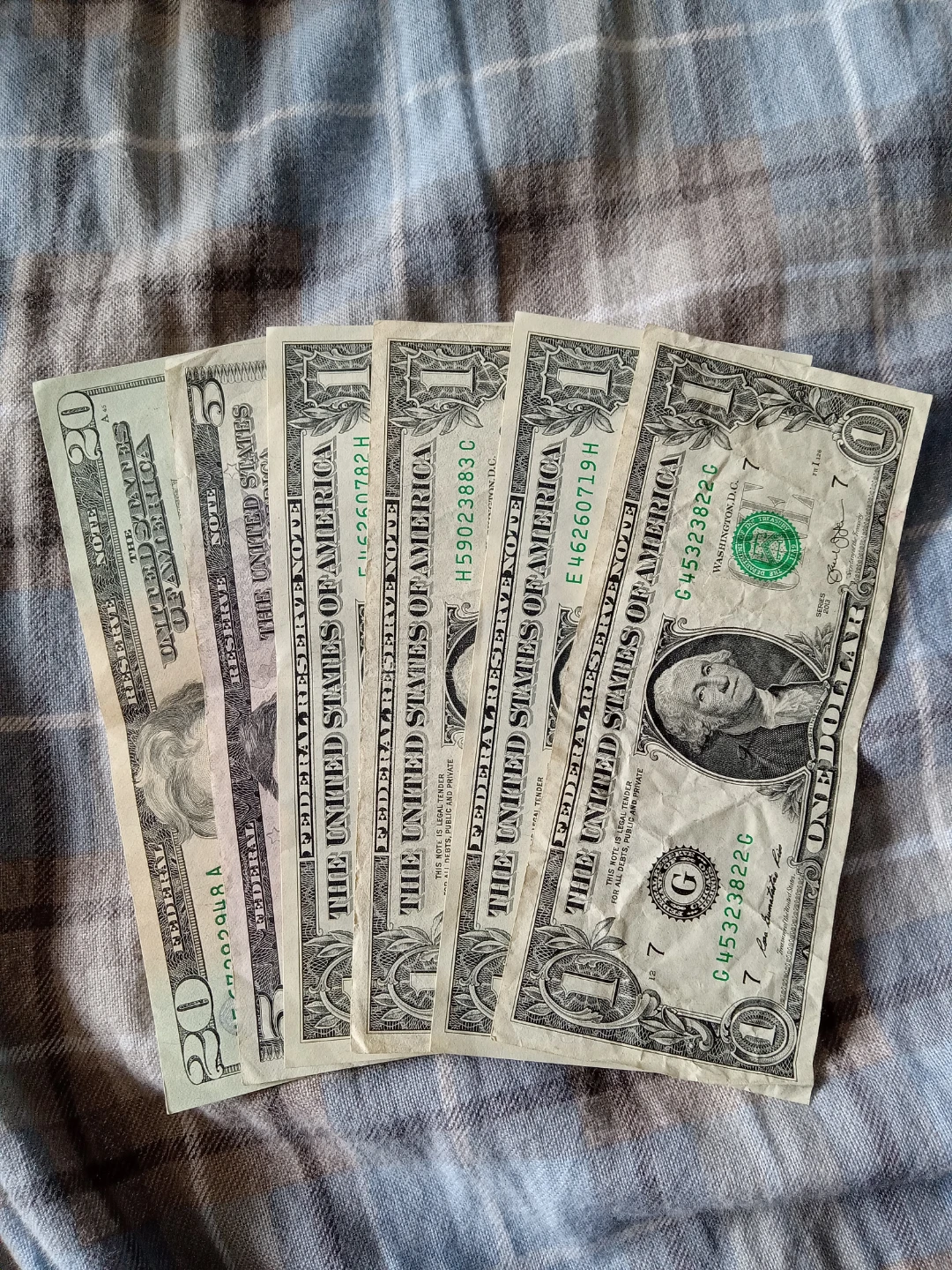 US Currency - One $20, One $5, and Four $1 Bills
