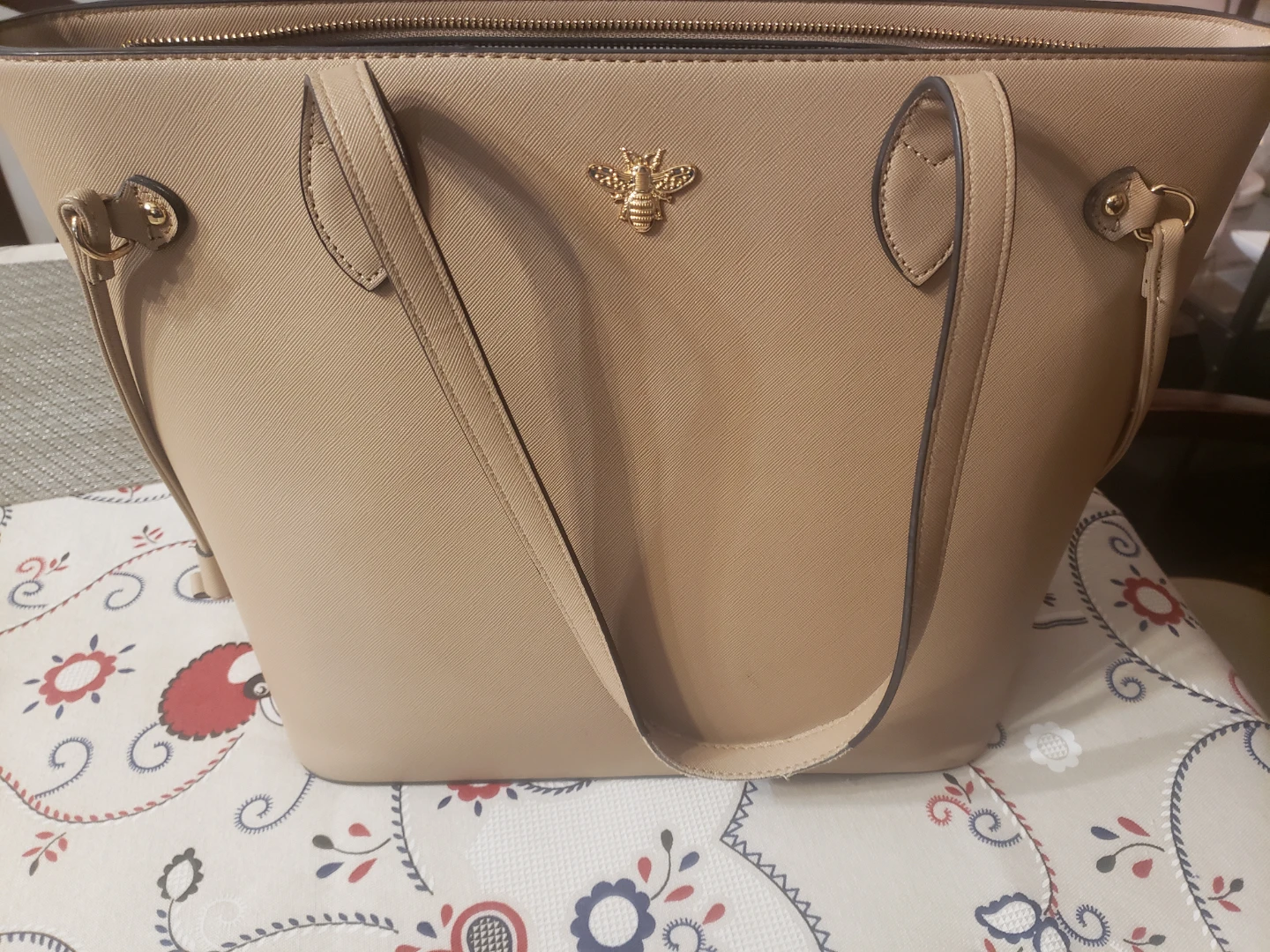 Tan Faux Leather Tote Bag with Bee Accent
