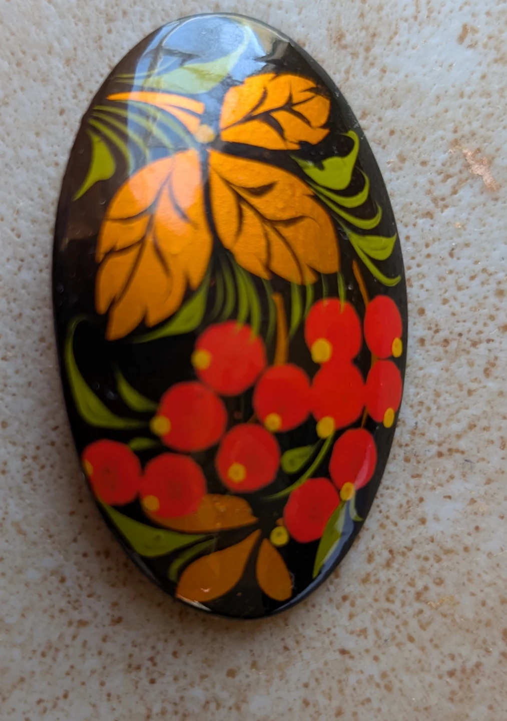 Hand-Painted Oval Brooch Pin with Red Berries and Leaves