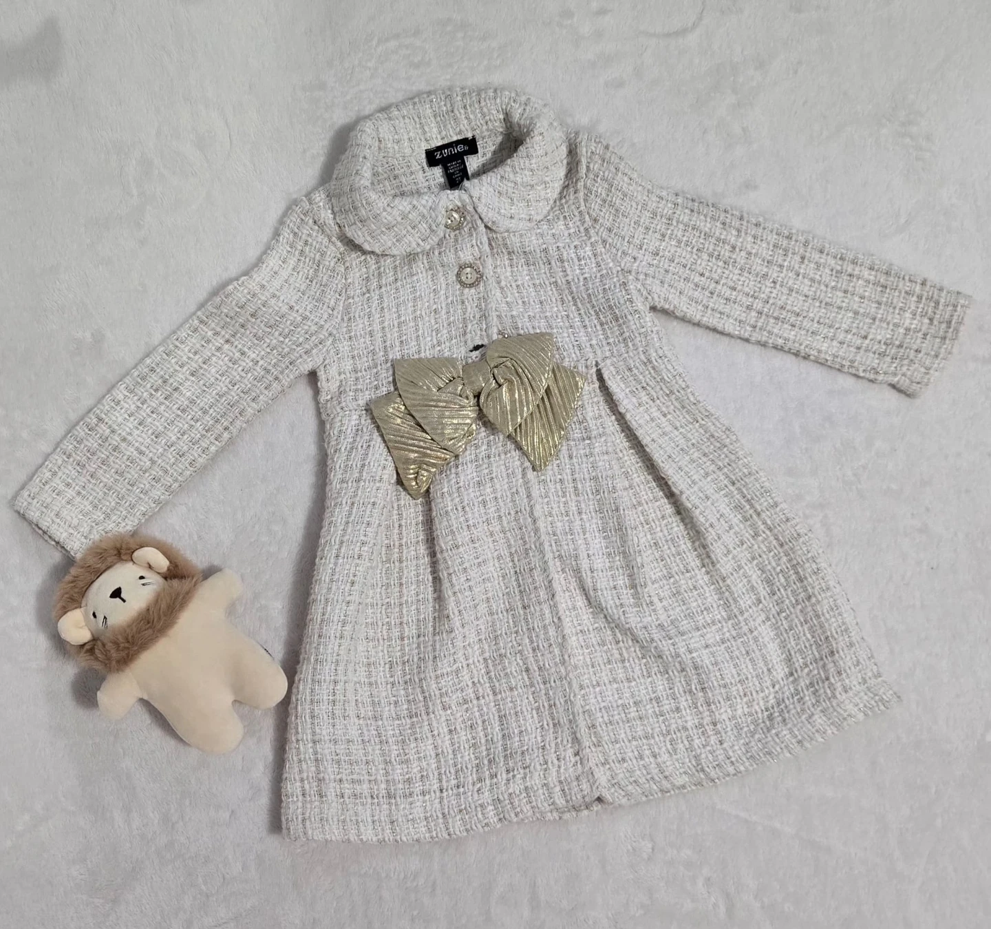 Zunie Girls White Tweed Bow Coat - Size 2T