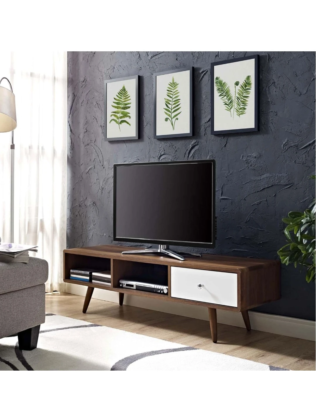 Mid-Century Modern TV Stand with Drawer - Walnut Finish