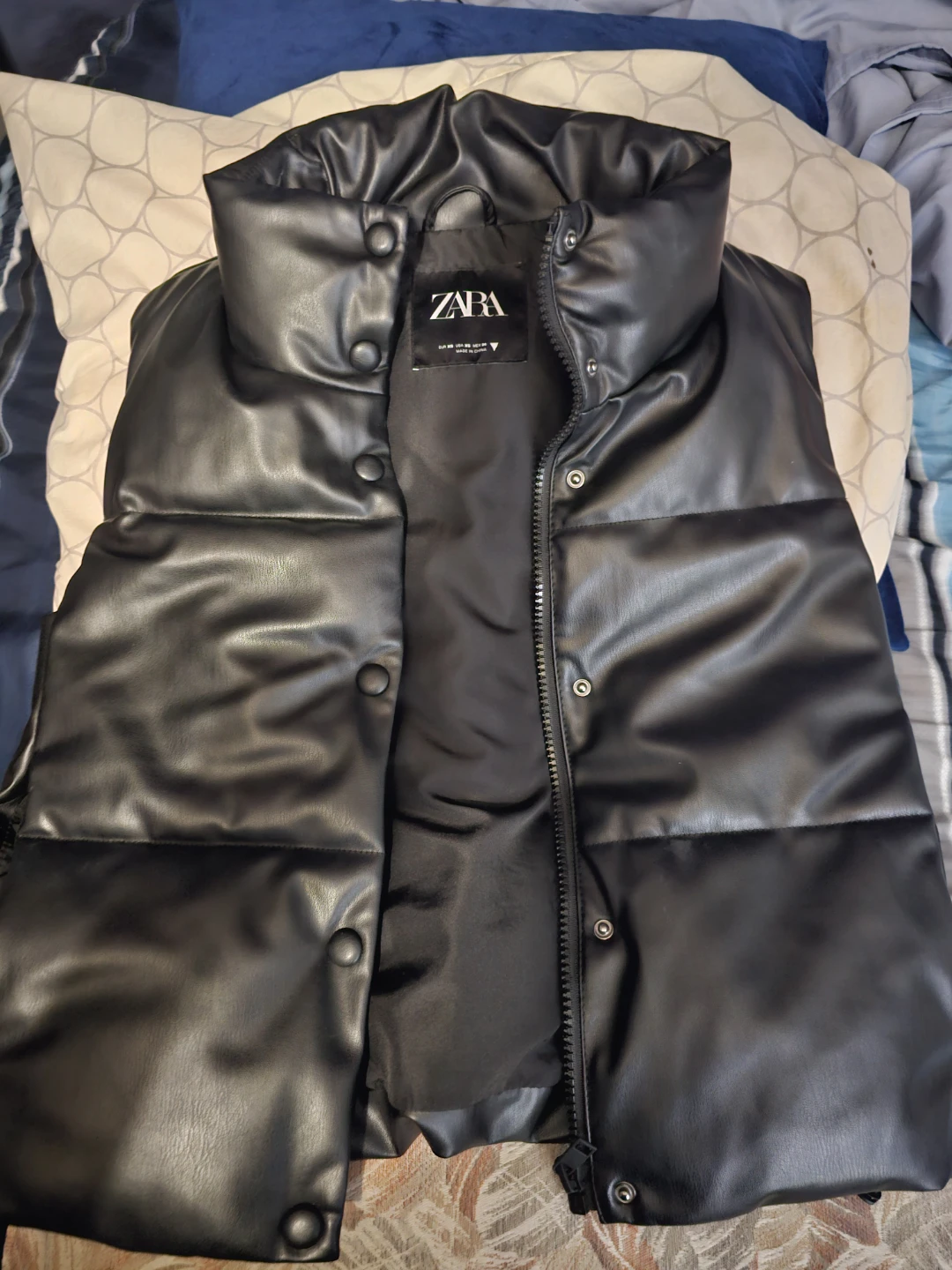 ZARA Black Faux Leather Puffer Vest - Size XS