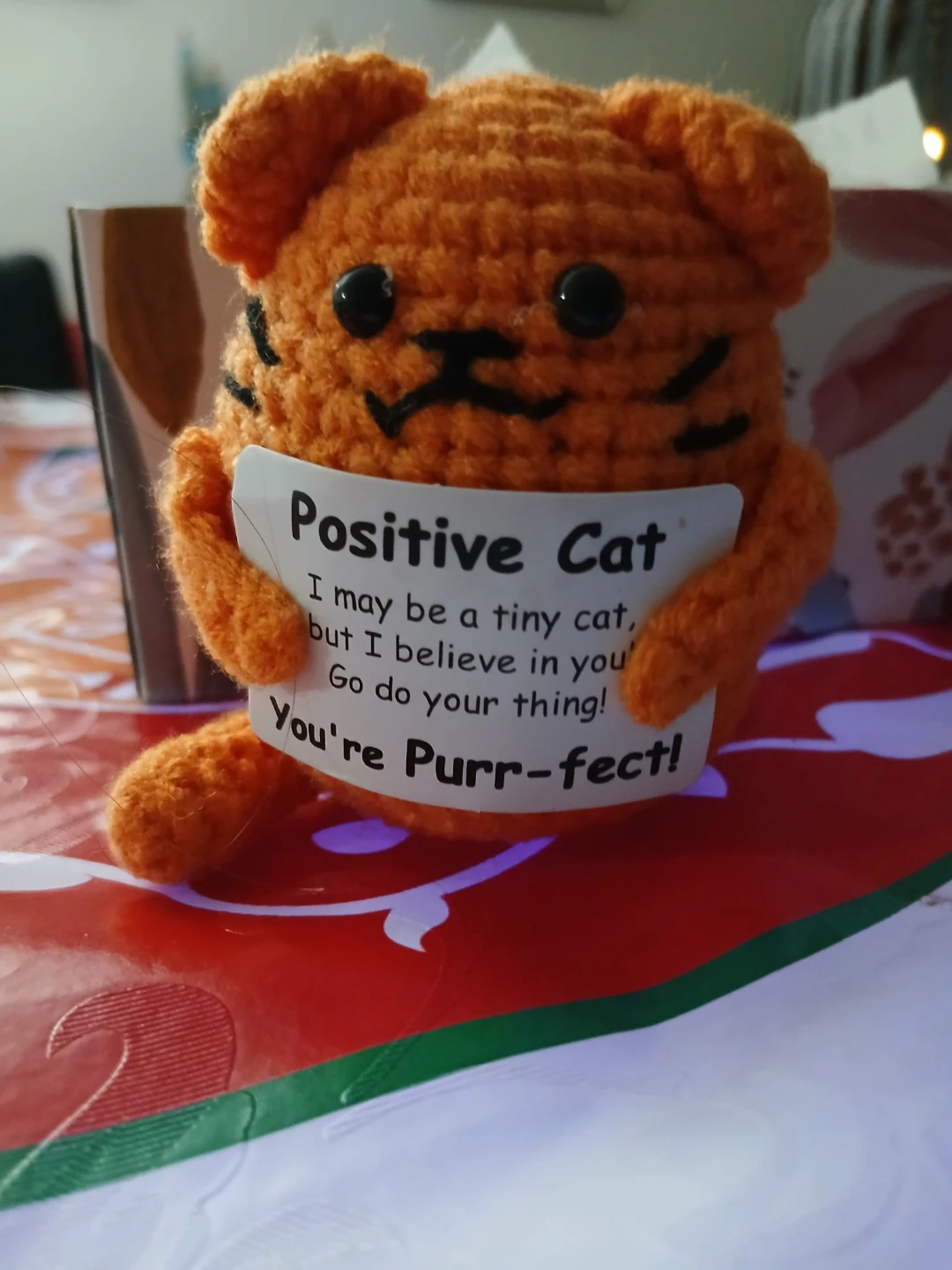 Crocheted Orange "Positive Cat" Figurine