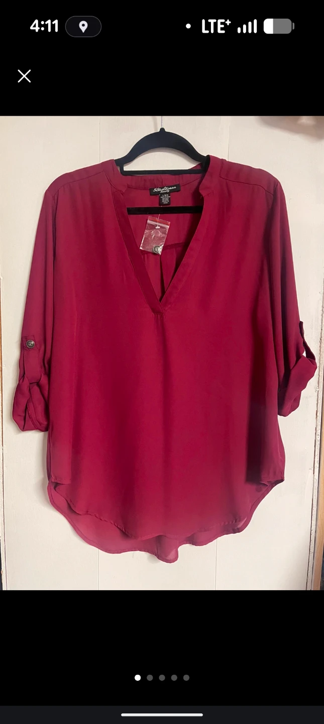 Easy Gear Burgundy V-Neck Roll-Tab Sleeve Blouse
