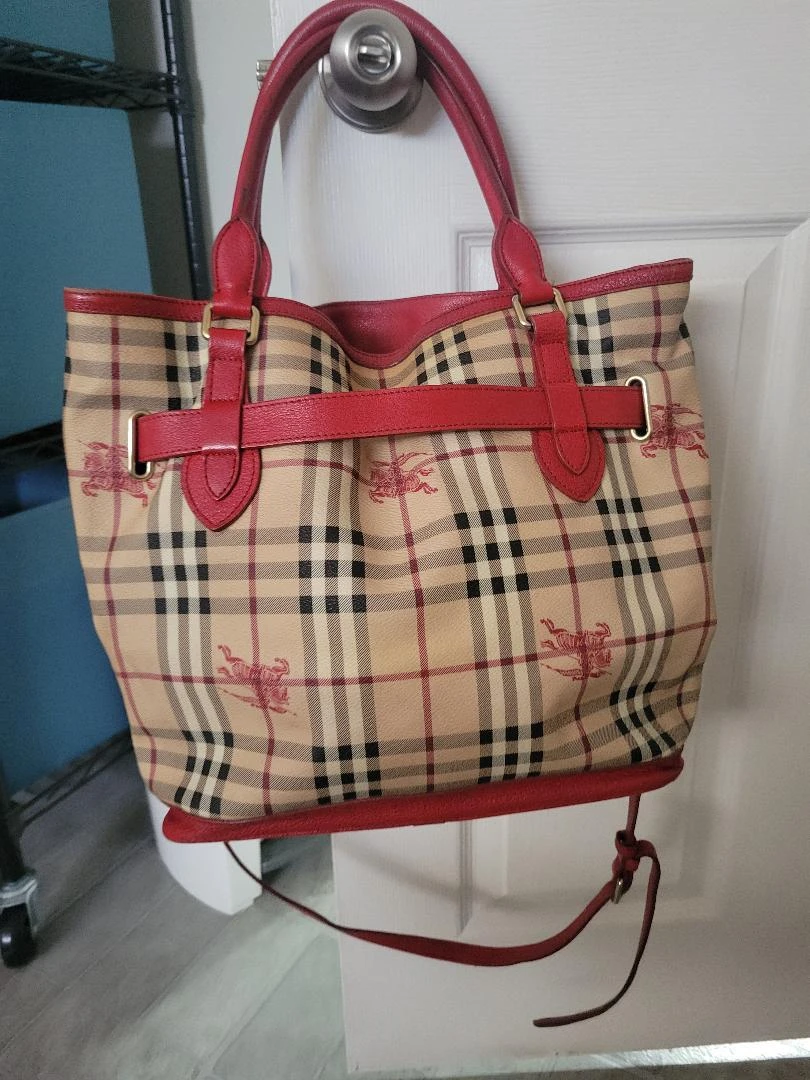 Burberry Haymarket Check Tote Bag with Red Leather Trim - photo 2