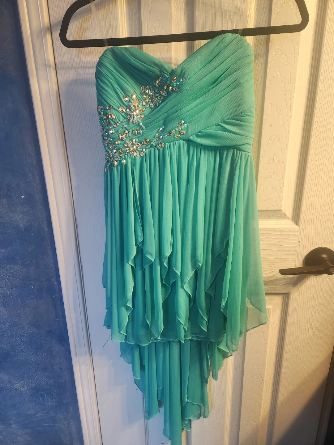 Sequin Hearts Teal Beaded Strapless Dress Size 3