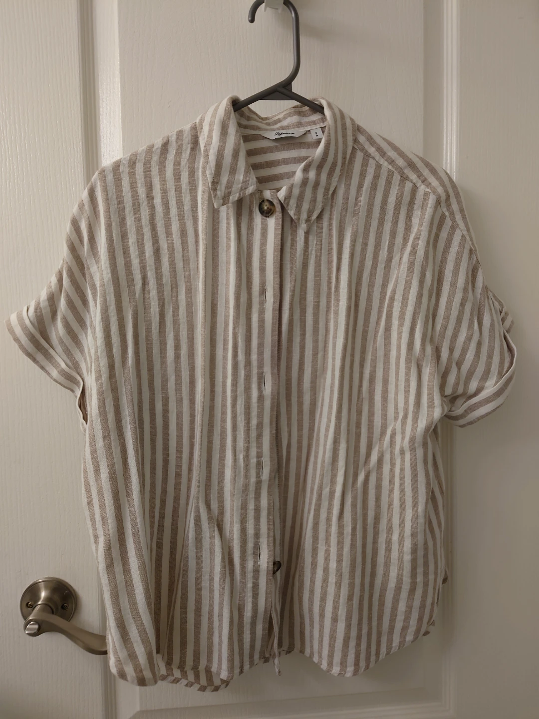 White and Tan Striped Button-Up Shirt