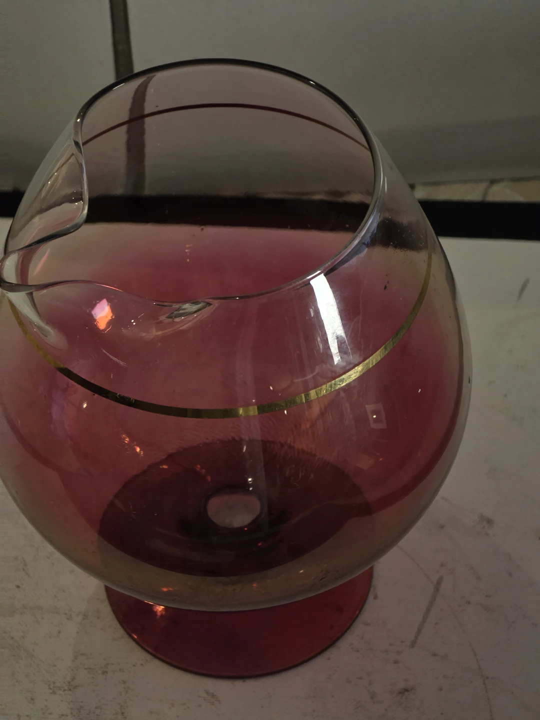 Vintage Pink Glass Pitcher with Gold Rim
