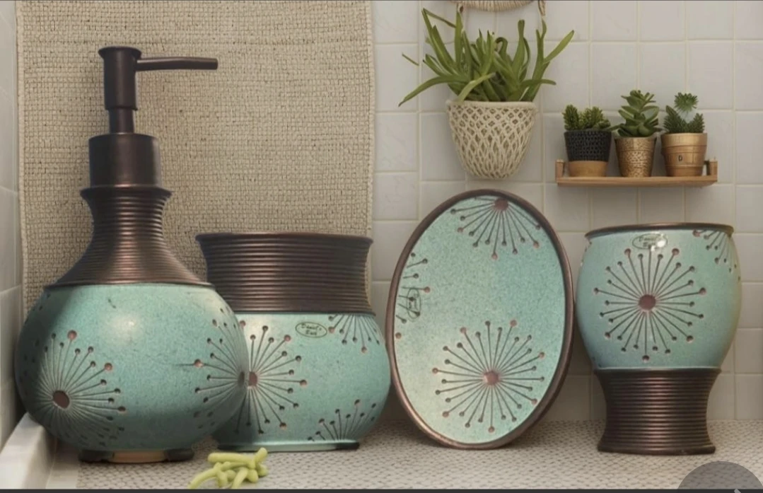 🥕Daniel's Bath Ceramic Teal & bronzy bathroom Trash bin - photo 3