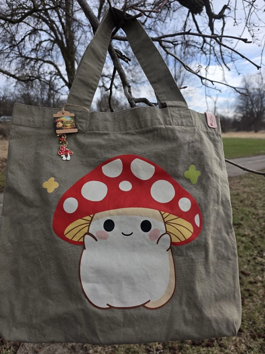 Mooshie Totes Canvas Tote Bag with Mushroom Charm