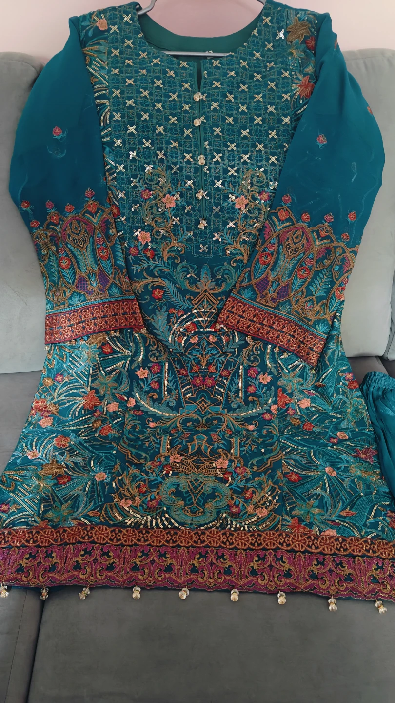 Teal Embroidered Kurti with Pants