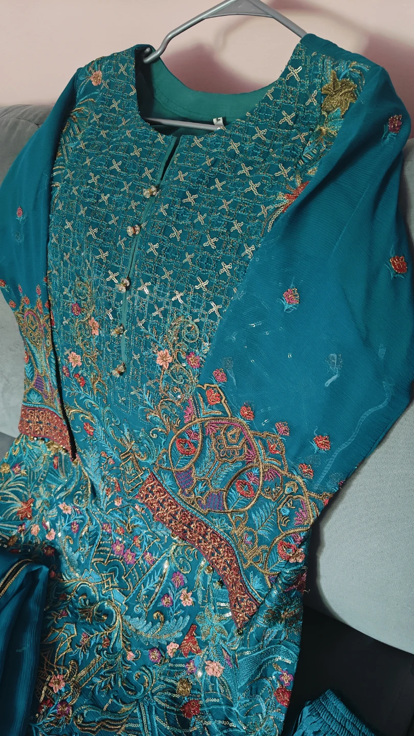 Teal Embroidered Kurti with Pants - photo 5