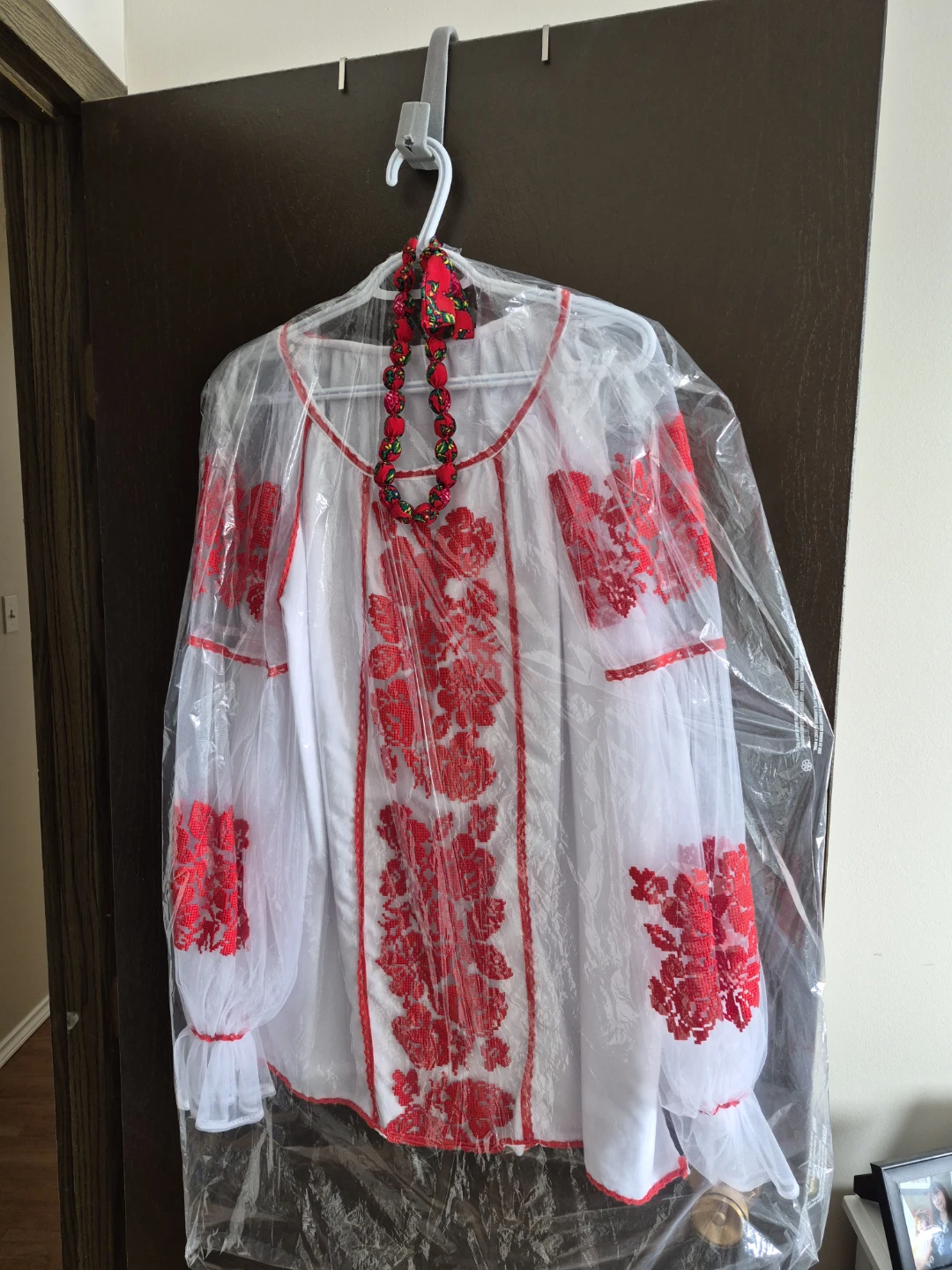 White Embroidered Blouse with Red Floral Detail