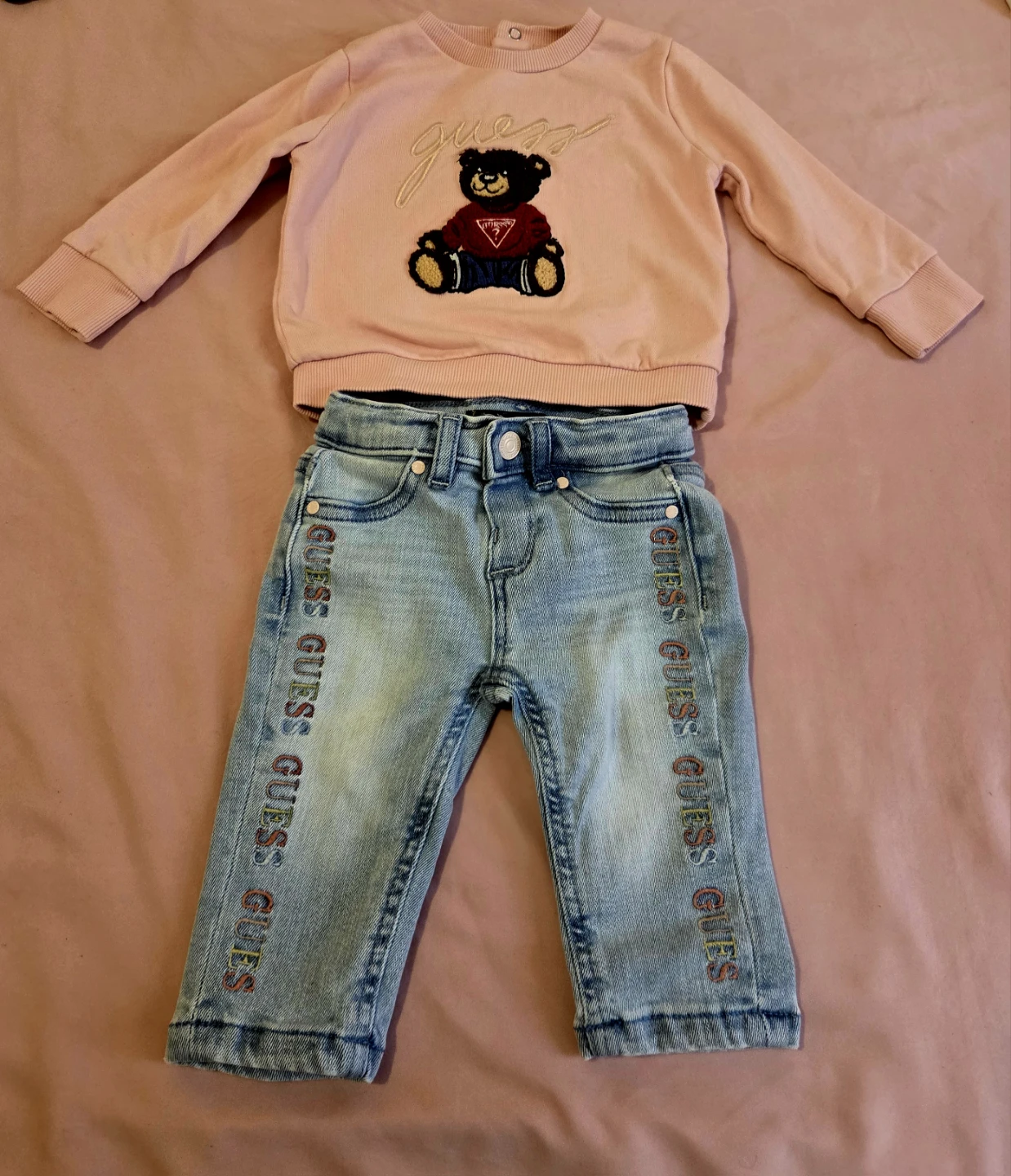 Guess Baby Outfit - Pink Teddy Bear Sweatshirt & Jeans