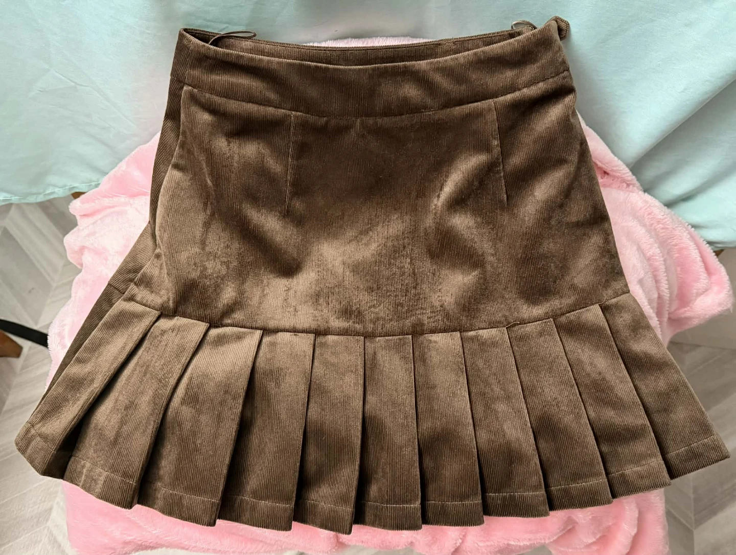 Brown Corduroy Pleated Mini Skirt