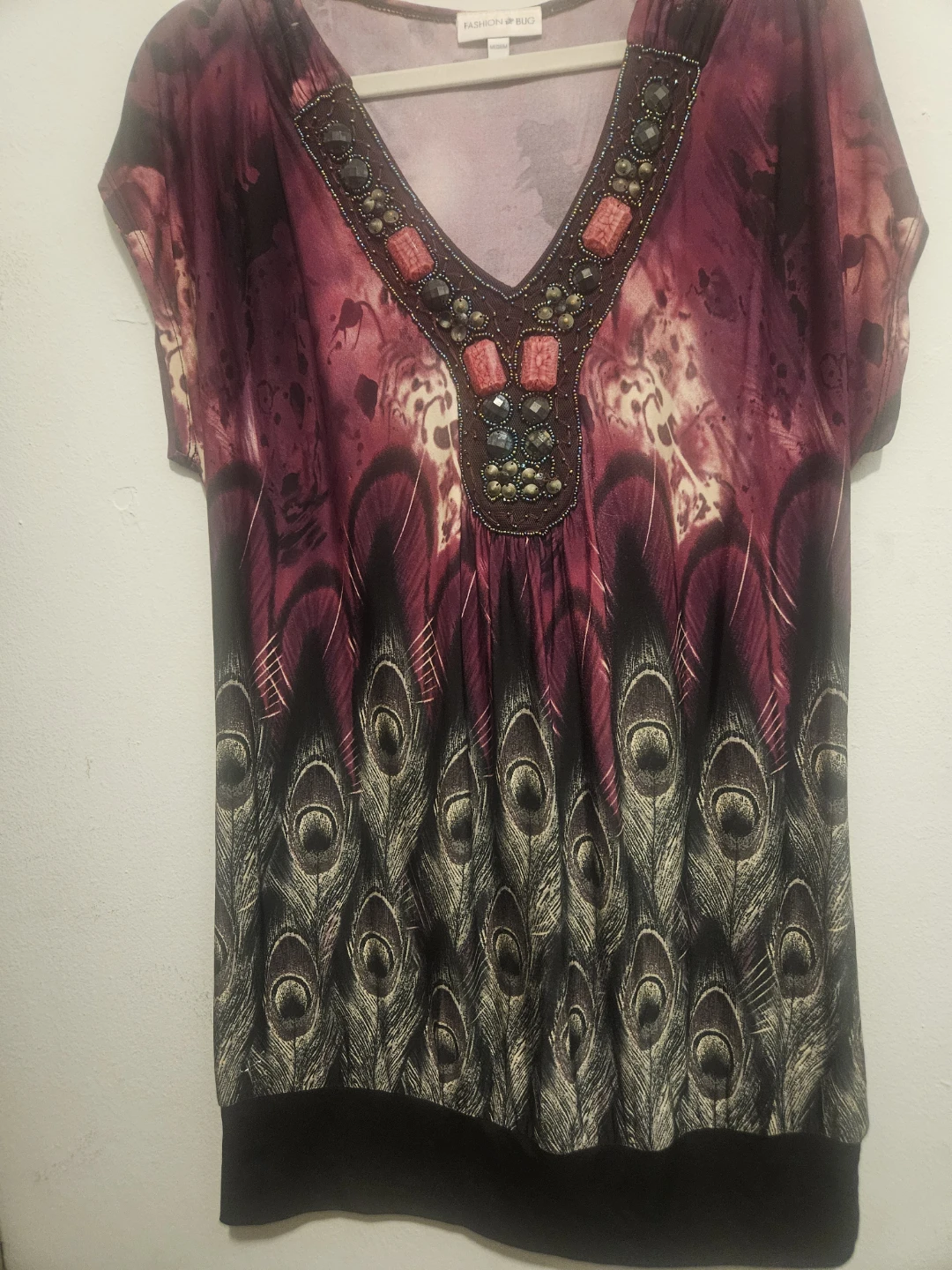 Fashion Bug Embellished V-Neck Tunic Top - Medium