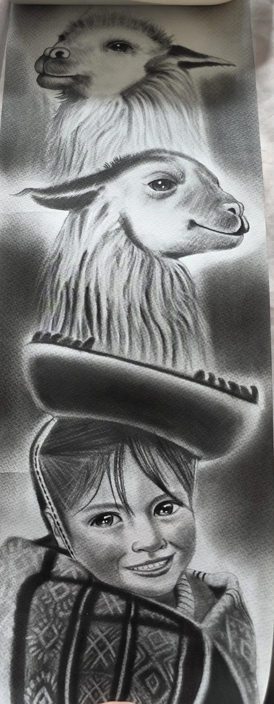 Charcoal Drawing of Llamas and a Child
