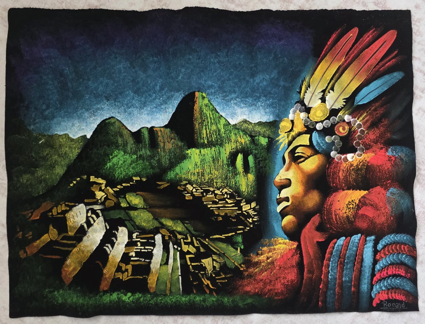 Vintage Velour Painting of Machu Picchu and Indigenous Person