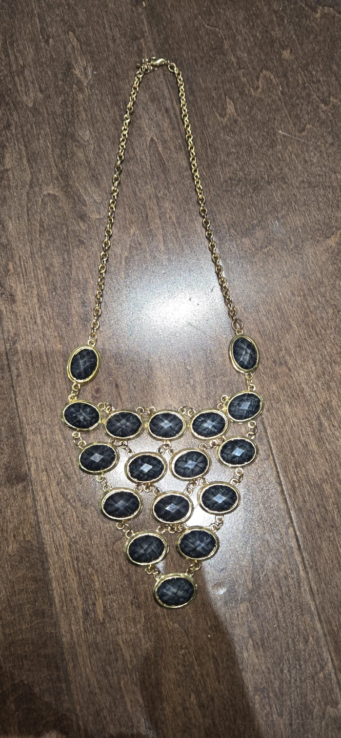 Gold-tone Statement Necklace with Dark Oval Gems