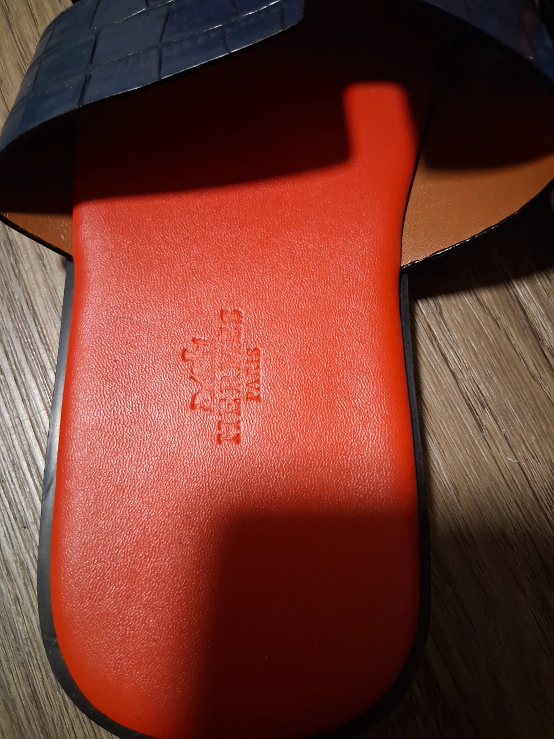 Hermes Oran Sandals Navy Blue Croc Embossed Orange Leather