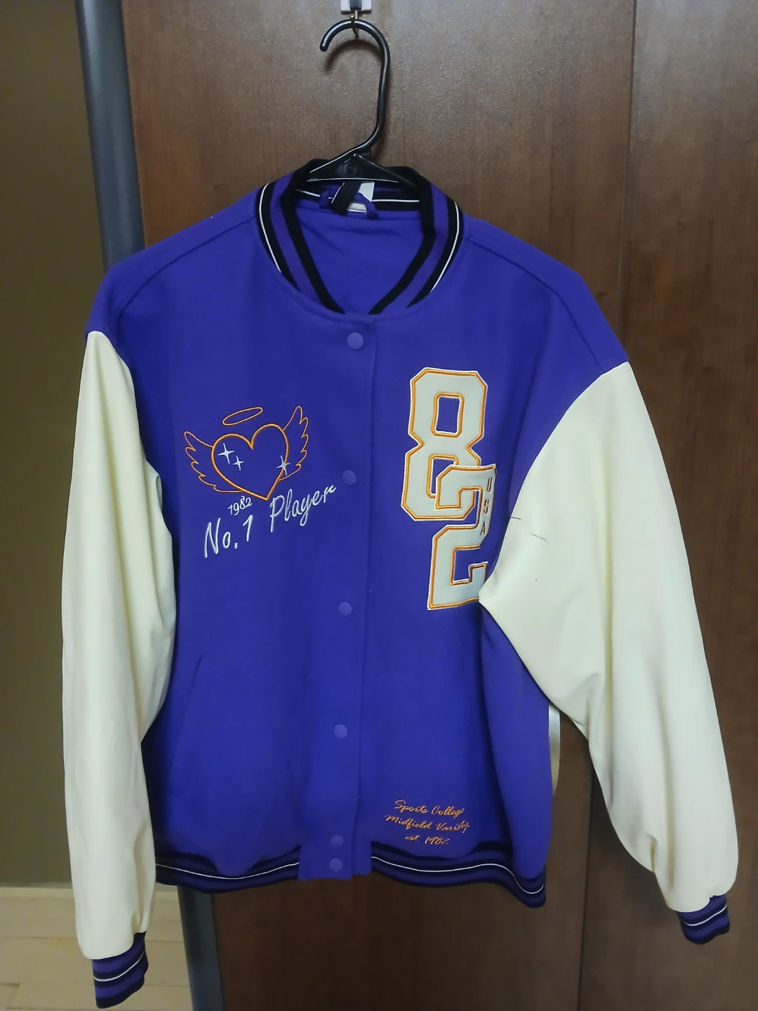 Purple and Cream Varsity Jacket.