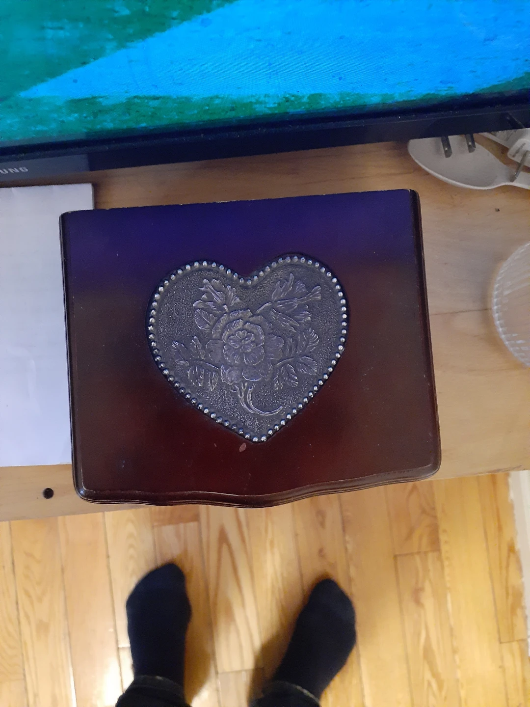 Decorative Wooden Box with Heart Design + Mirror