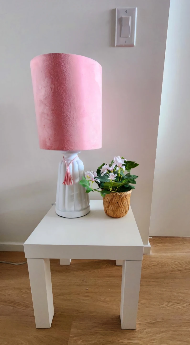 Pink Velvet Table Lamp and Bamboo Basket with Artificial Plant
