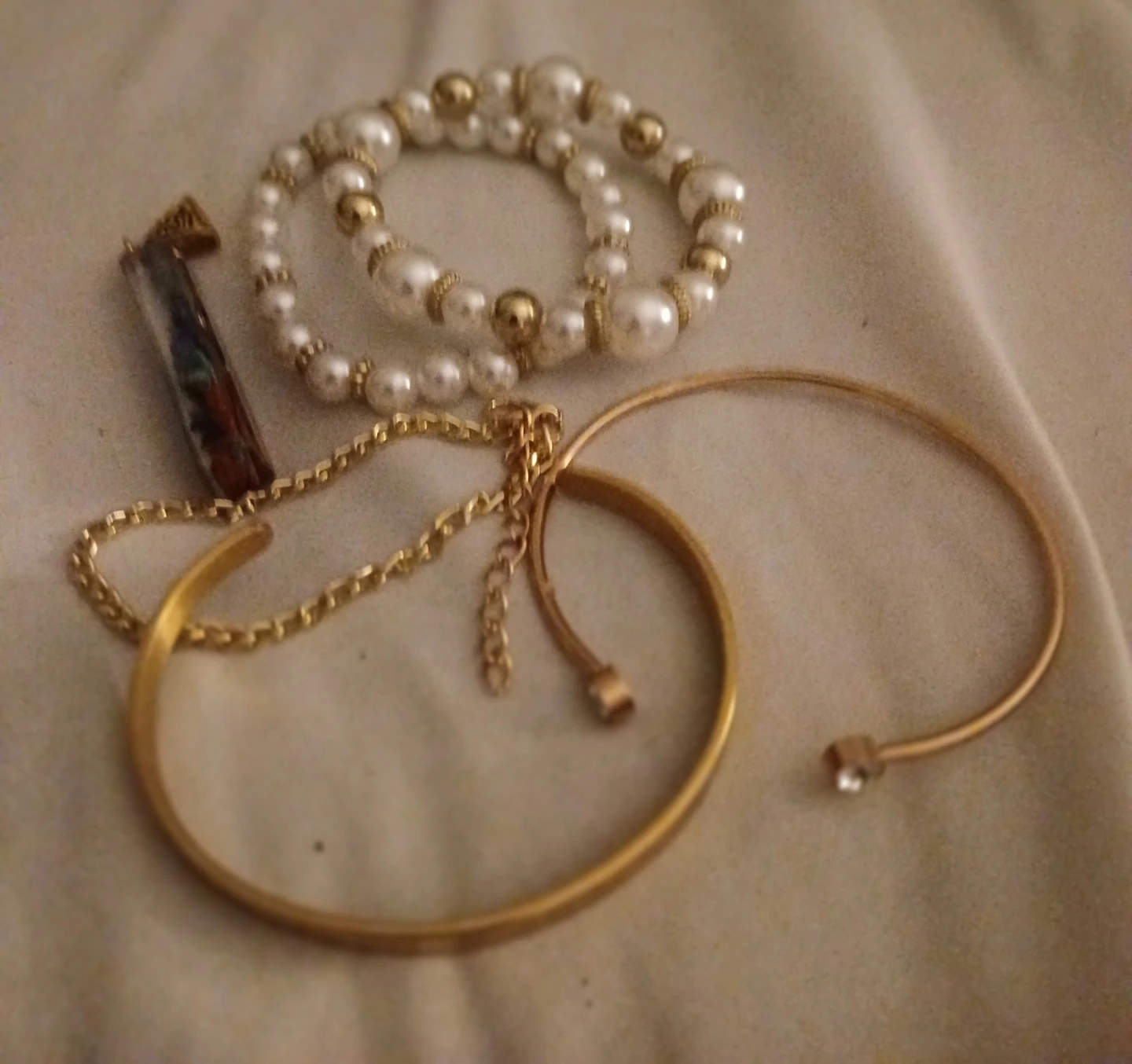 Pearl and Gold Tone Bracelets and Necklace Set