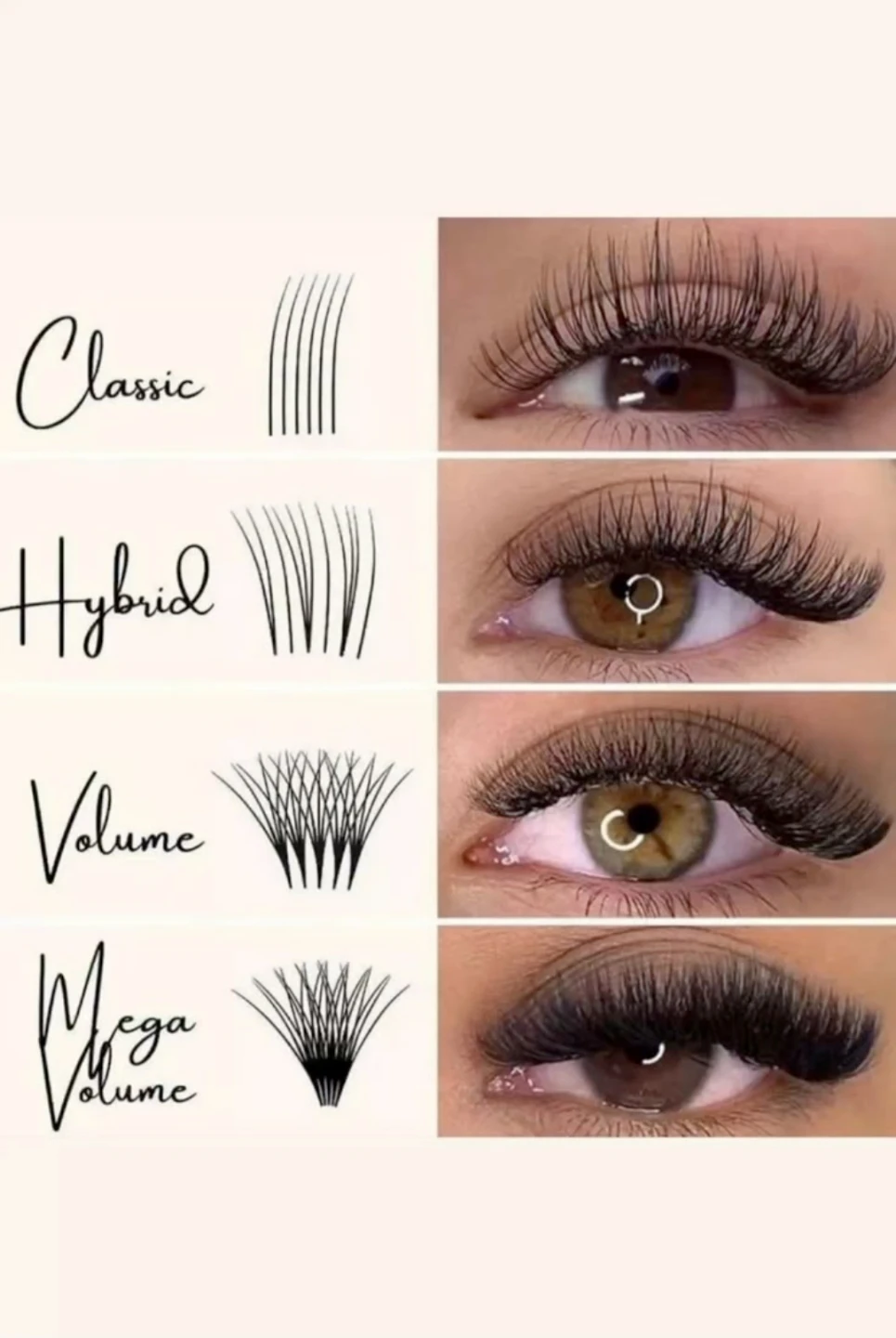 Classic, Hybrid, Volume, Mega Volume Eyelash Styles
