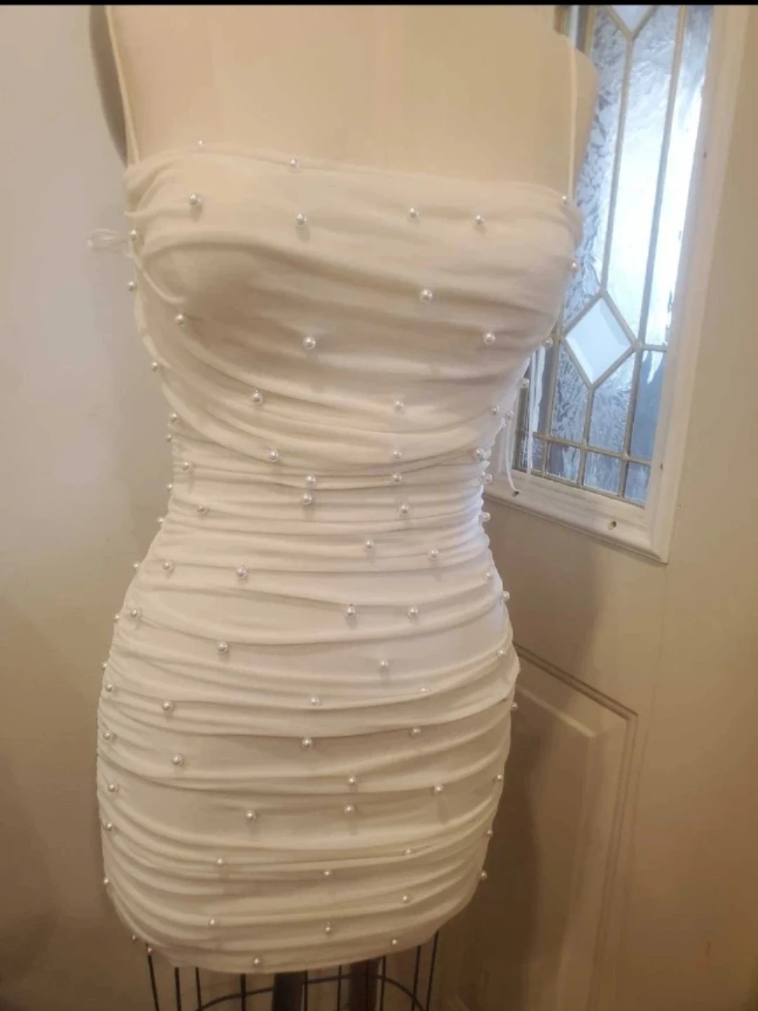Privy White Ruched Pearl Embellished Strapless Mini Dress Size M