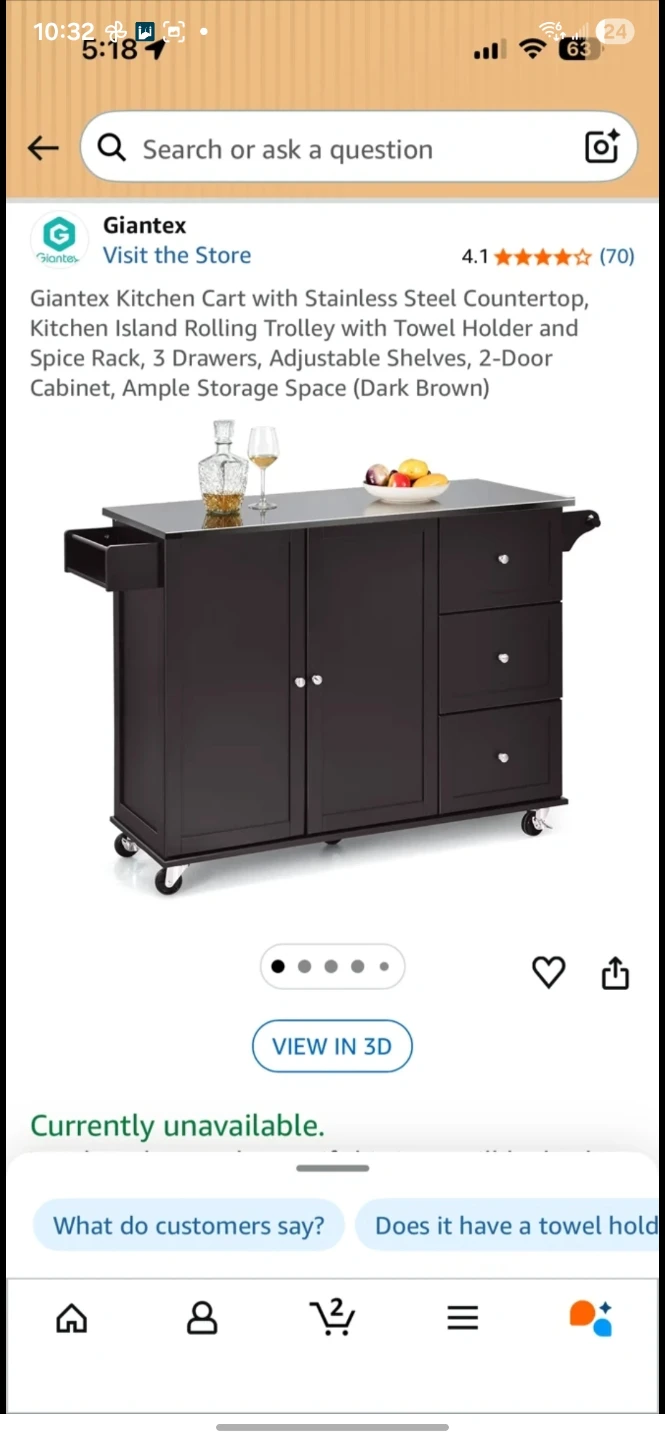 Giantex Kitchen Cart with Stainless Steel Countertop -