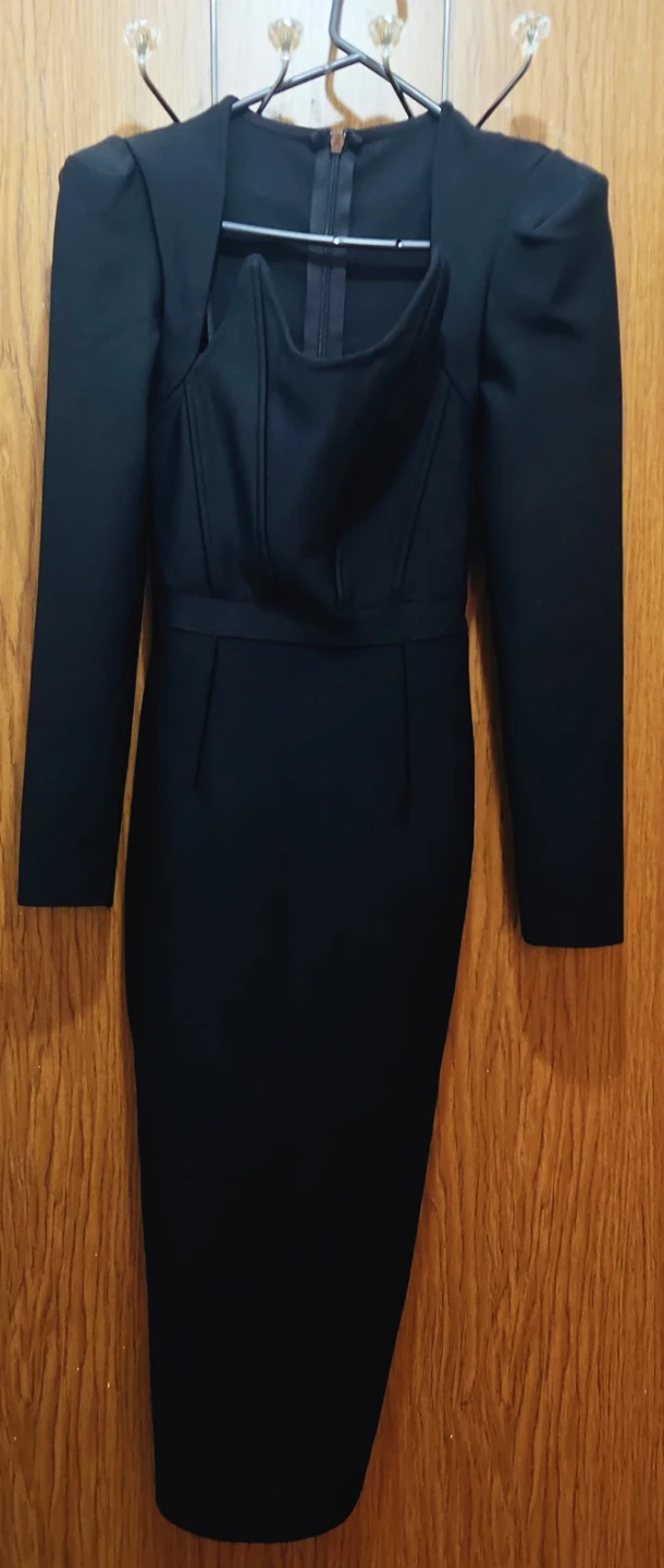 Black Long Sleeve Corset Detail Midi Dress (cash only)