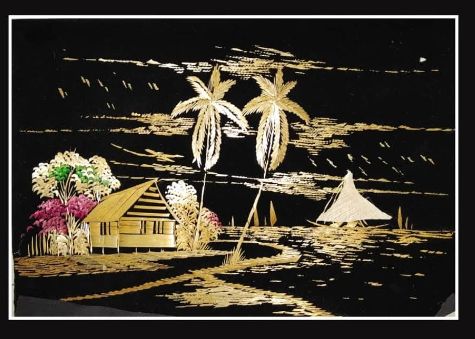 Indonesian Straw Art Wall Hanging - Tropical Scene