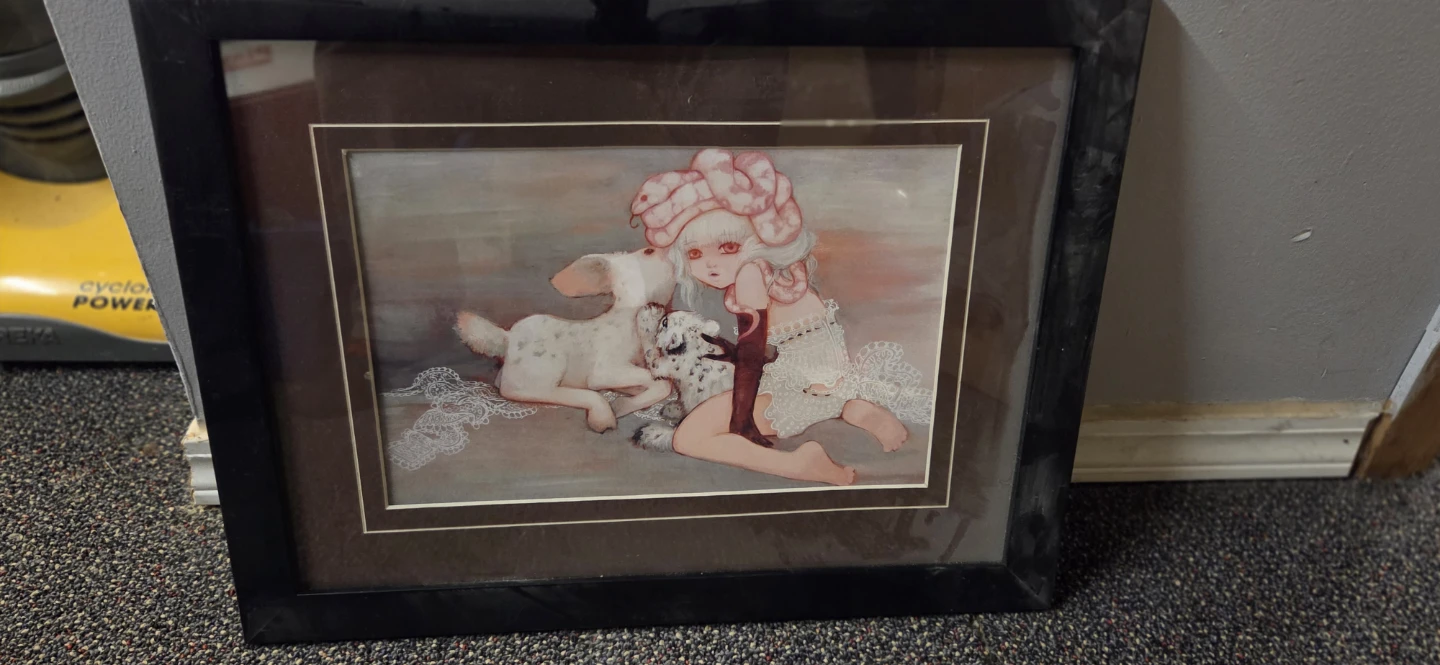 Framed Artwork with Girl and Dogs