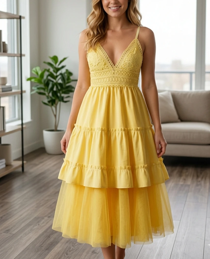 Yellow Tiered Sundress with Lace Detail. Size XL