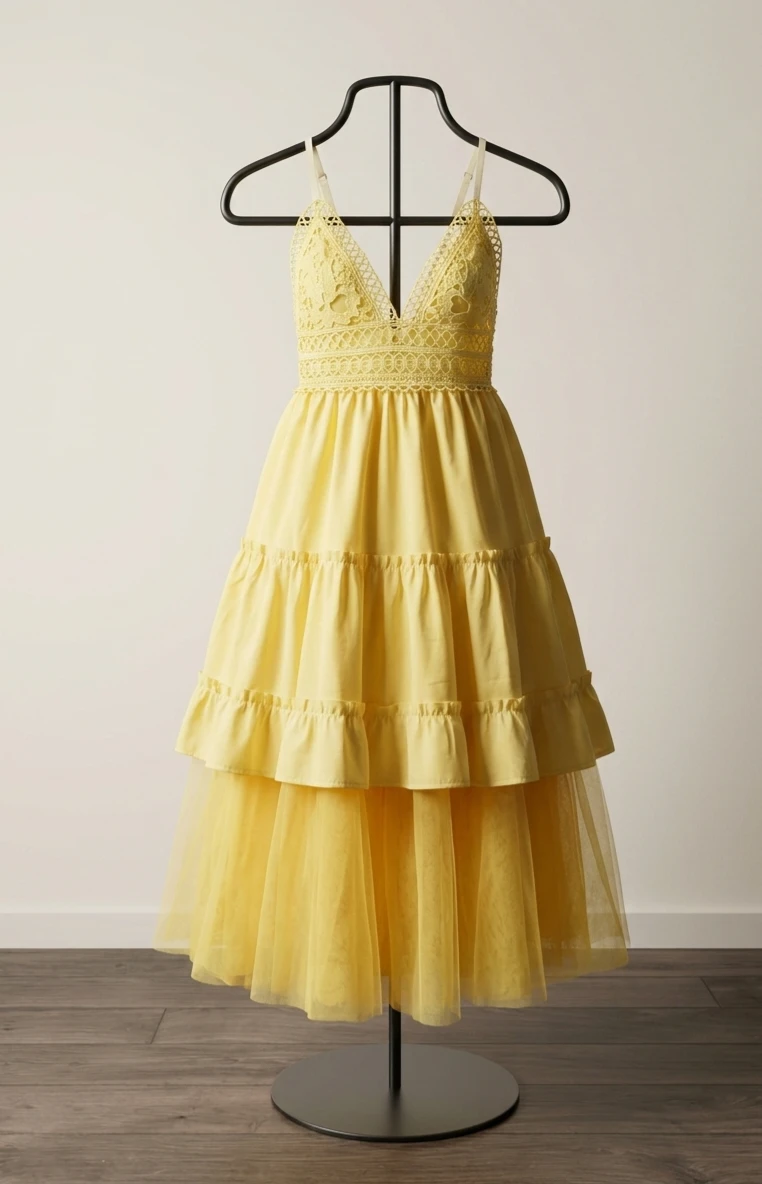 Yellow Tiered Sundress with Lace Detail. Size XL - photo 2