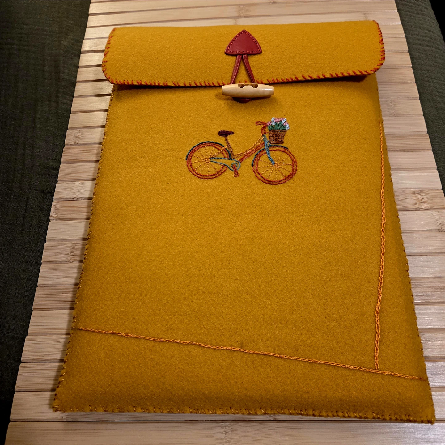 Felt Laptop Sleeve with handmade Embroidered Bicycle