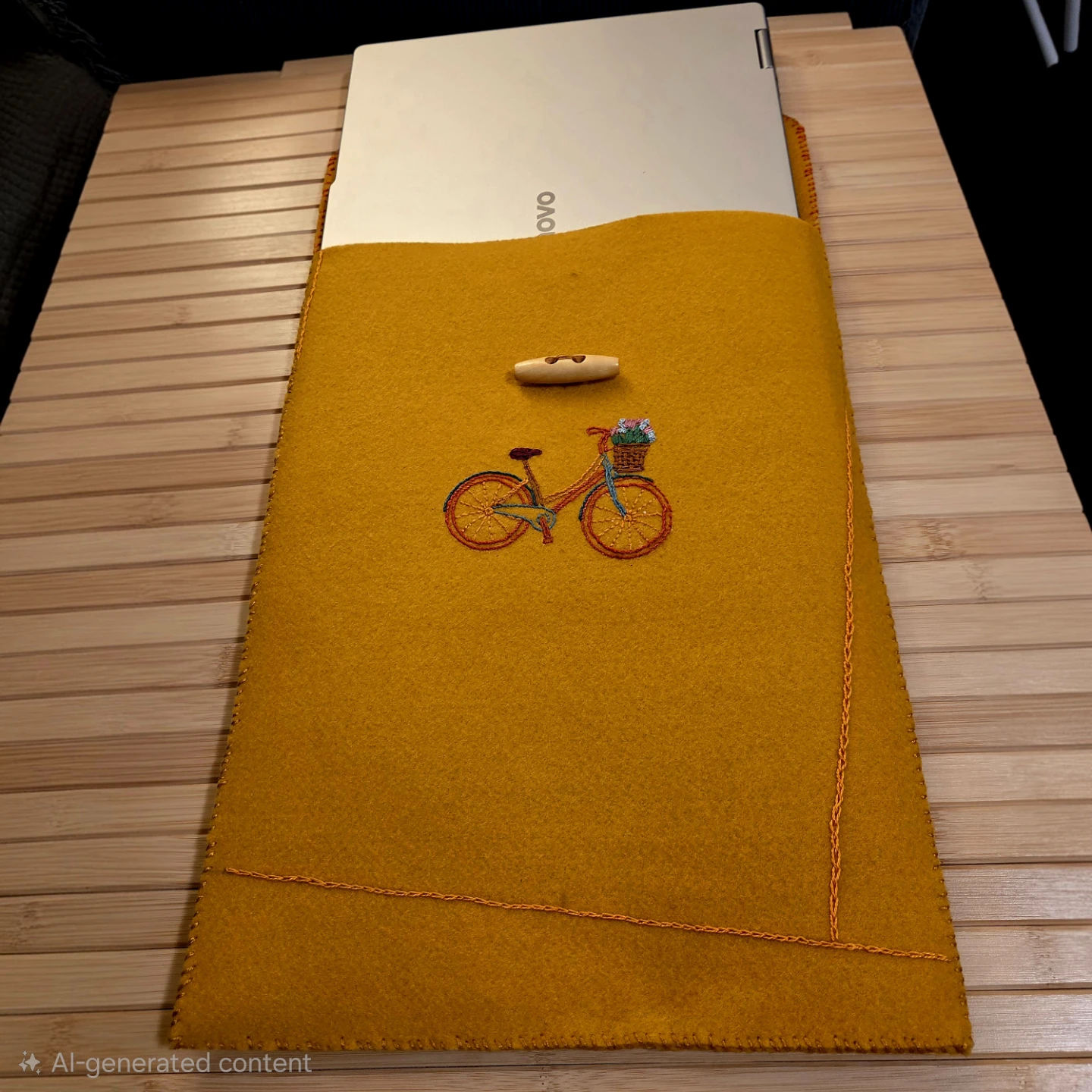 Felt Laptop Sleeve with handmade Embroidered Bicycle - photo 2