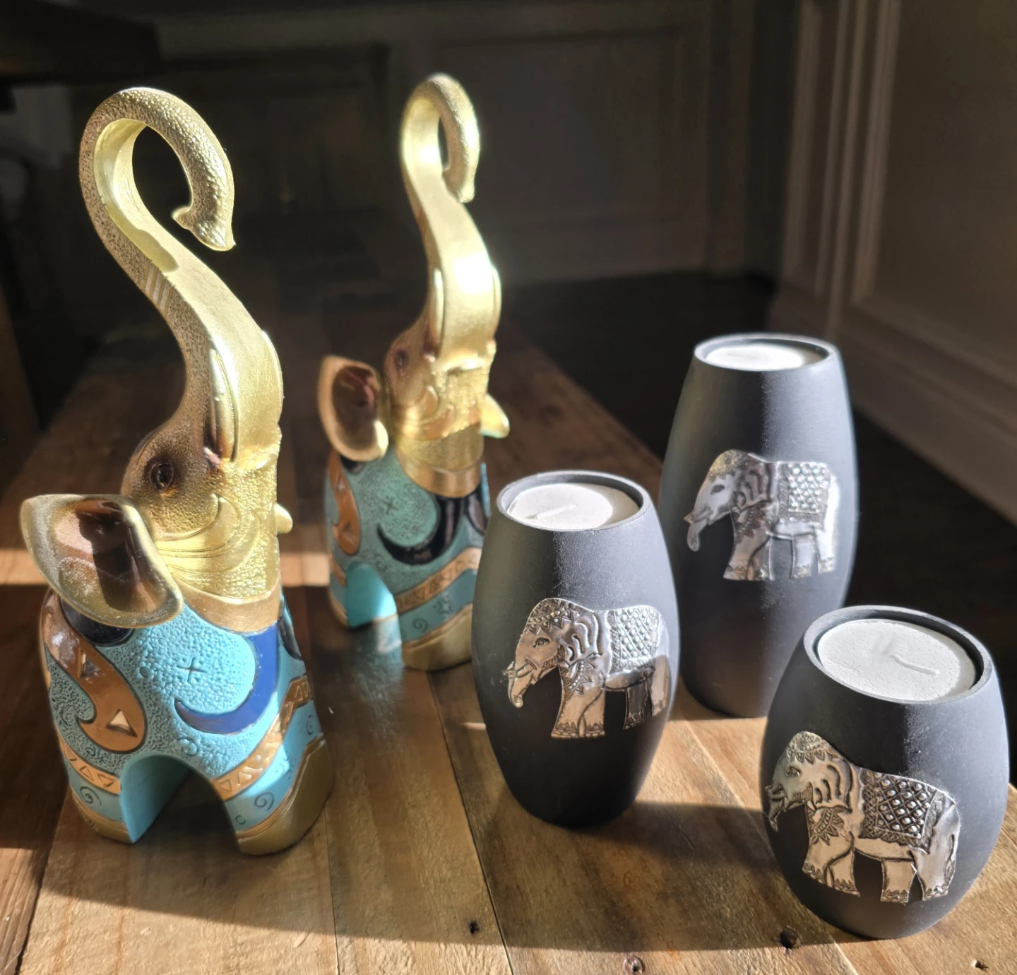 Set of 2 Feng Shui lucky elephants & 3 Decorative Candle Holders