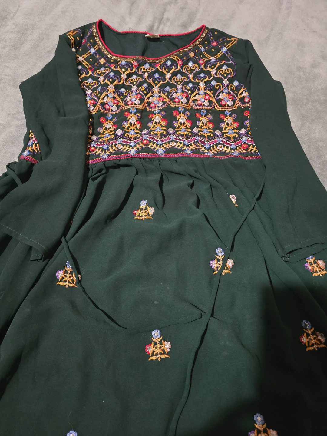 Embroidered Dark Green Dress with Tassels - photo 2
