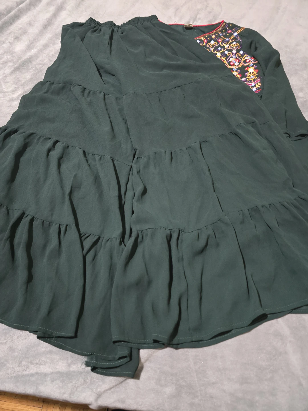Embroidered Dark Green Dress with Tassels - photo 3