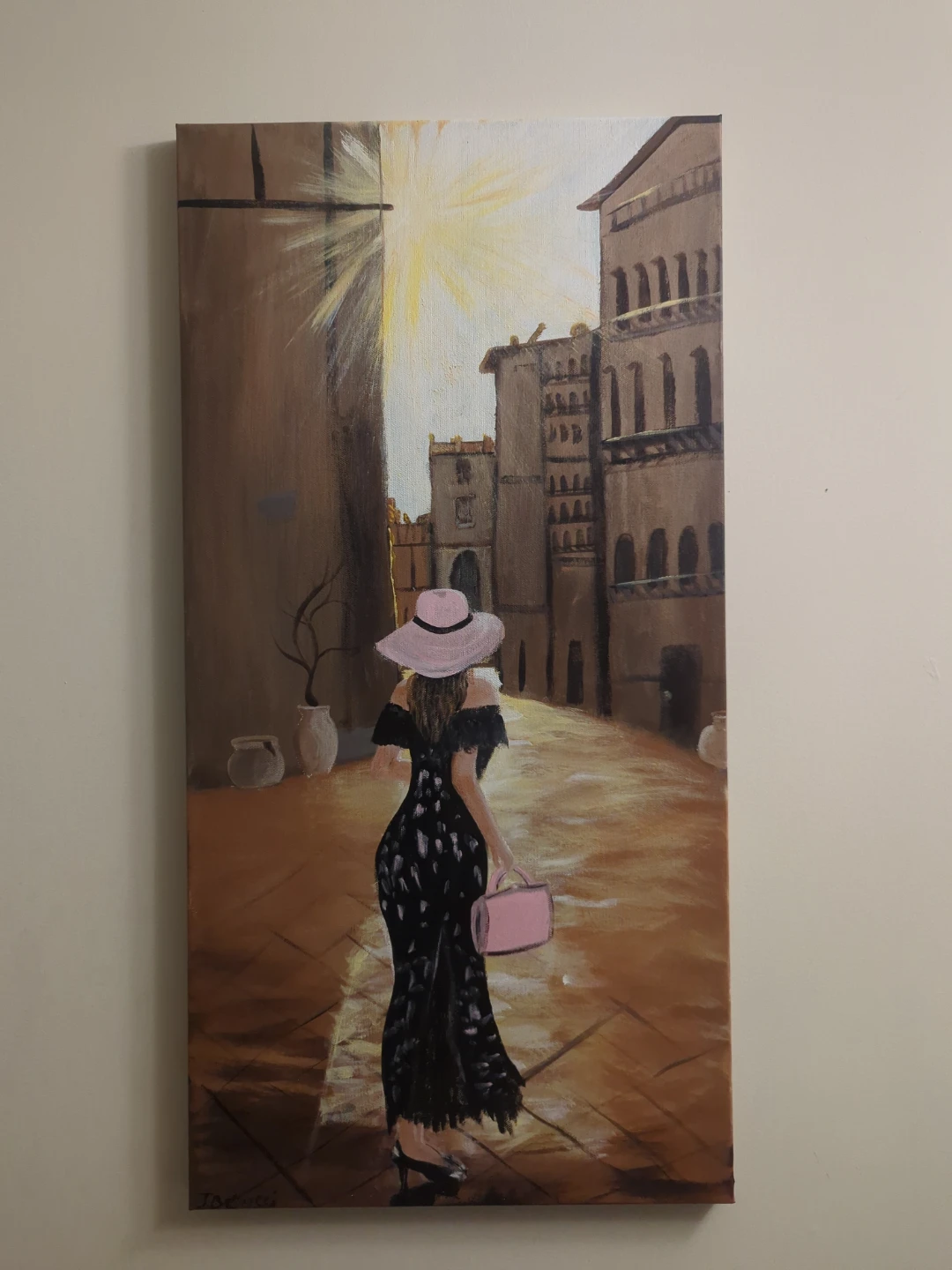 Canvas Painting of Woman Walking Down Street