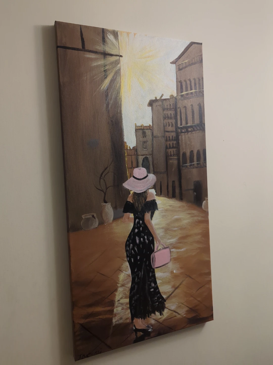 Canvas Painting of Woman Walking Down Street - photo 2