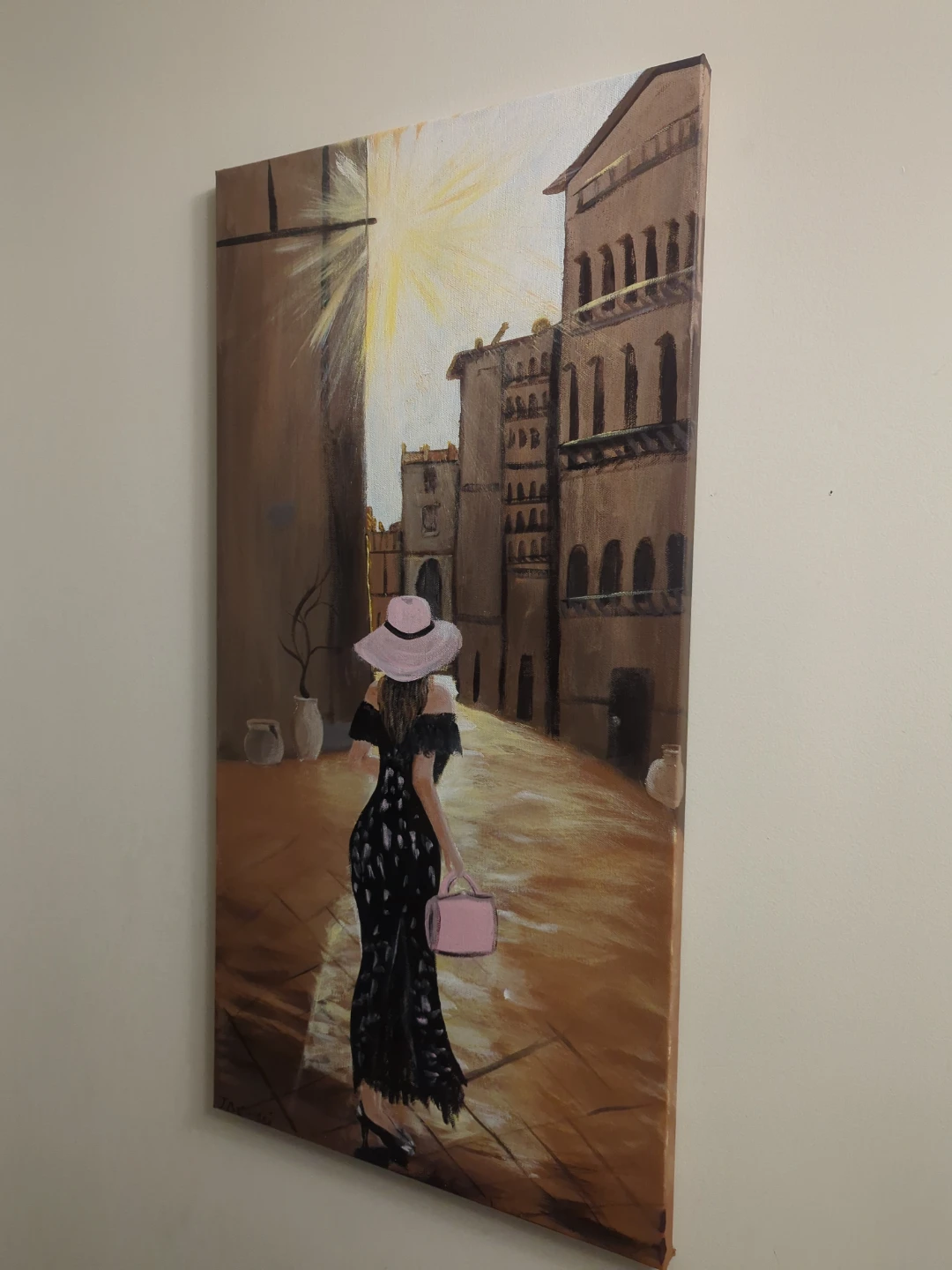 Canvas Painting of Woman Walking Down Street - photo 3