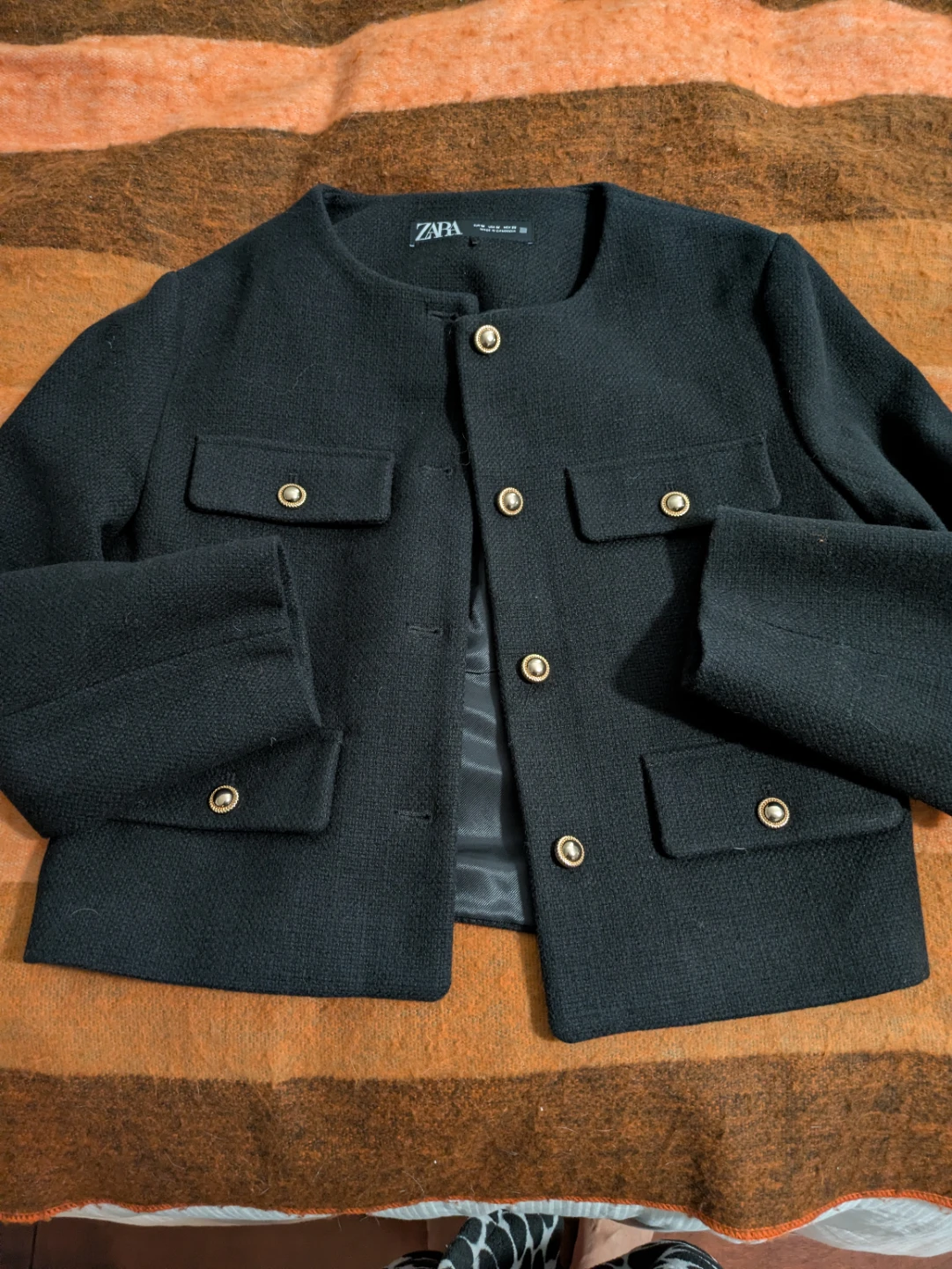 Zara Black Textured Cropped Jacket with Gold Buttons - Size M