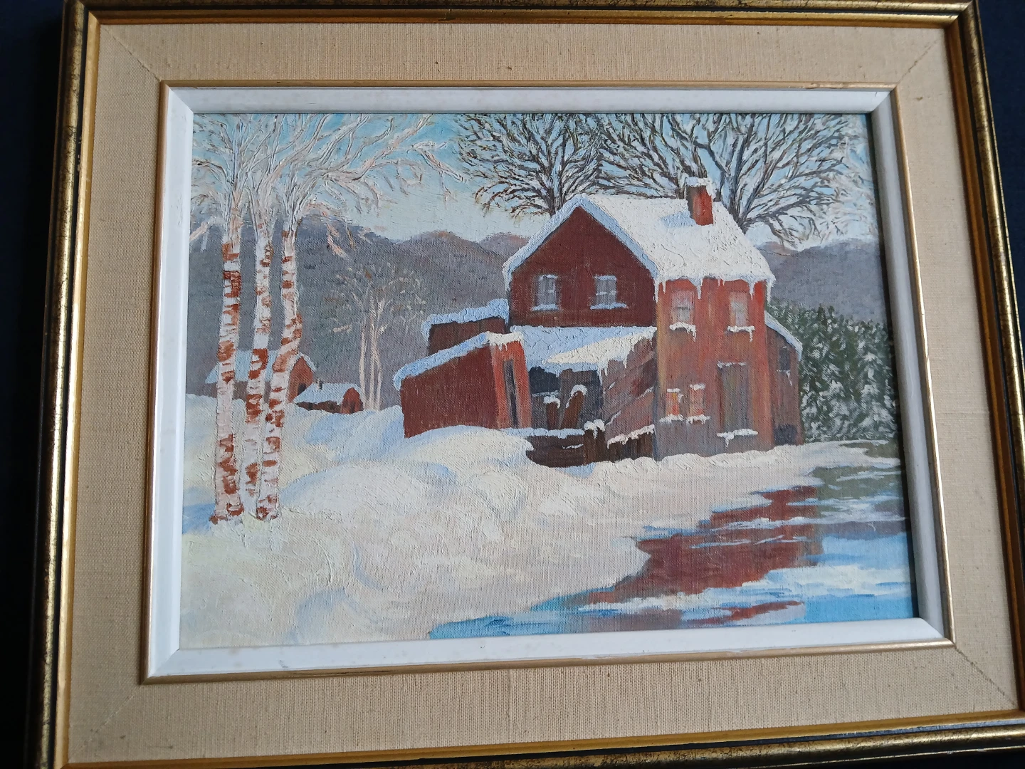 Framed Winter Landscape Oil Painting