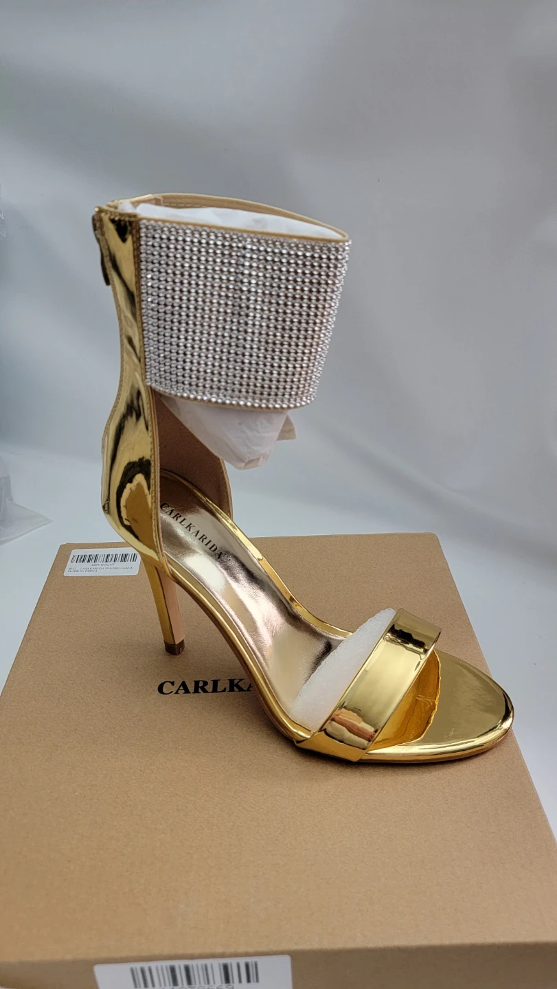 Women’s Gold Rhinestone Ankle Cuff Heels Stiletto Sandals Size 8