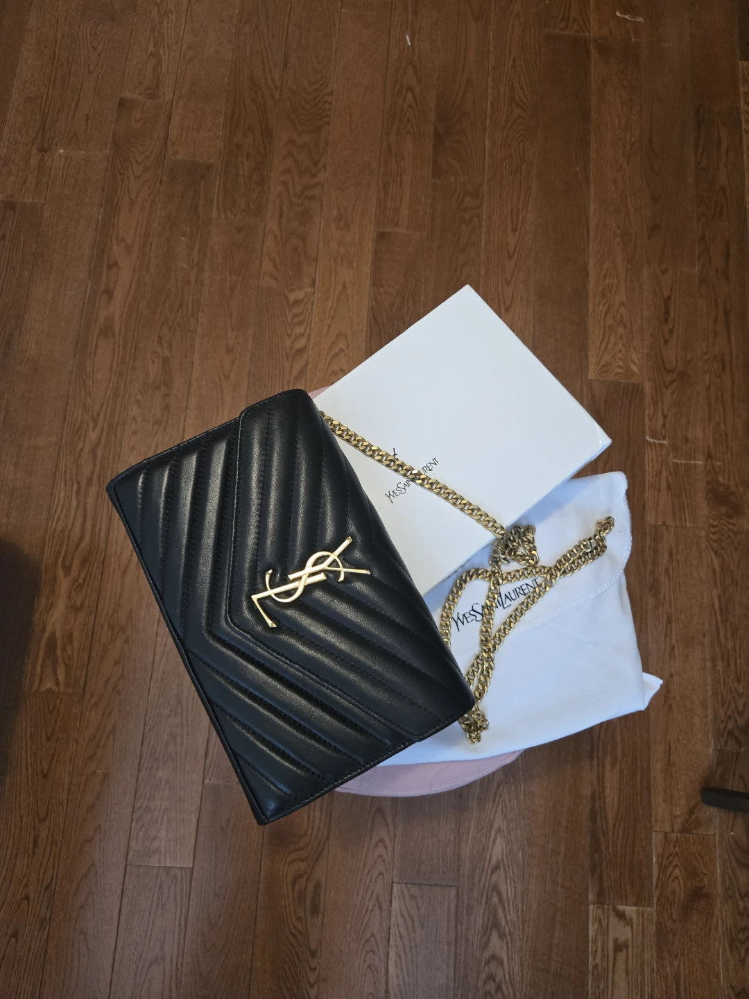 Saint Laurent Black Chevron Leather Monogram Chain Bag
