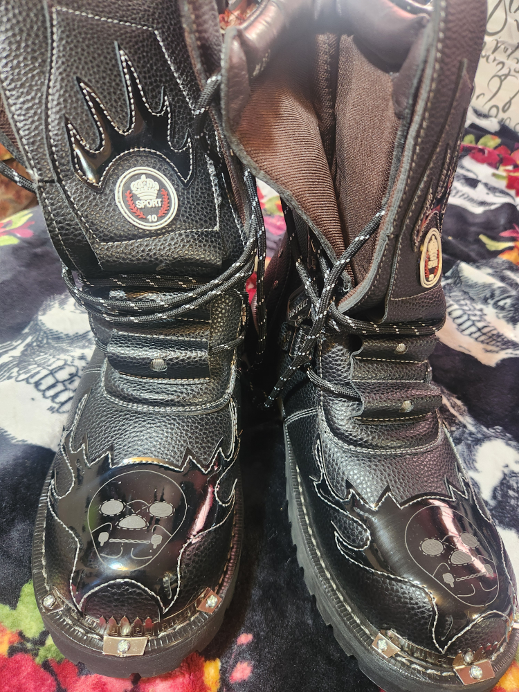 HOUDBDOL Men's Black Genuine Leather Punk Skull Motorcycle Boots